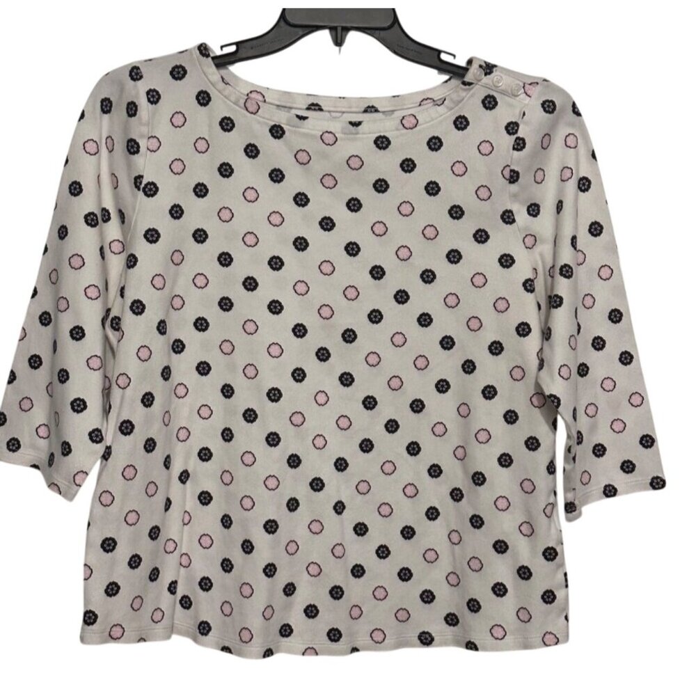 Charter Club Womens White & Pink Polka Dot 3/4 Sleeve Top Button Shoulder 100% S